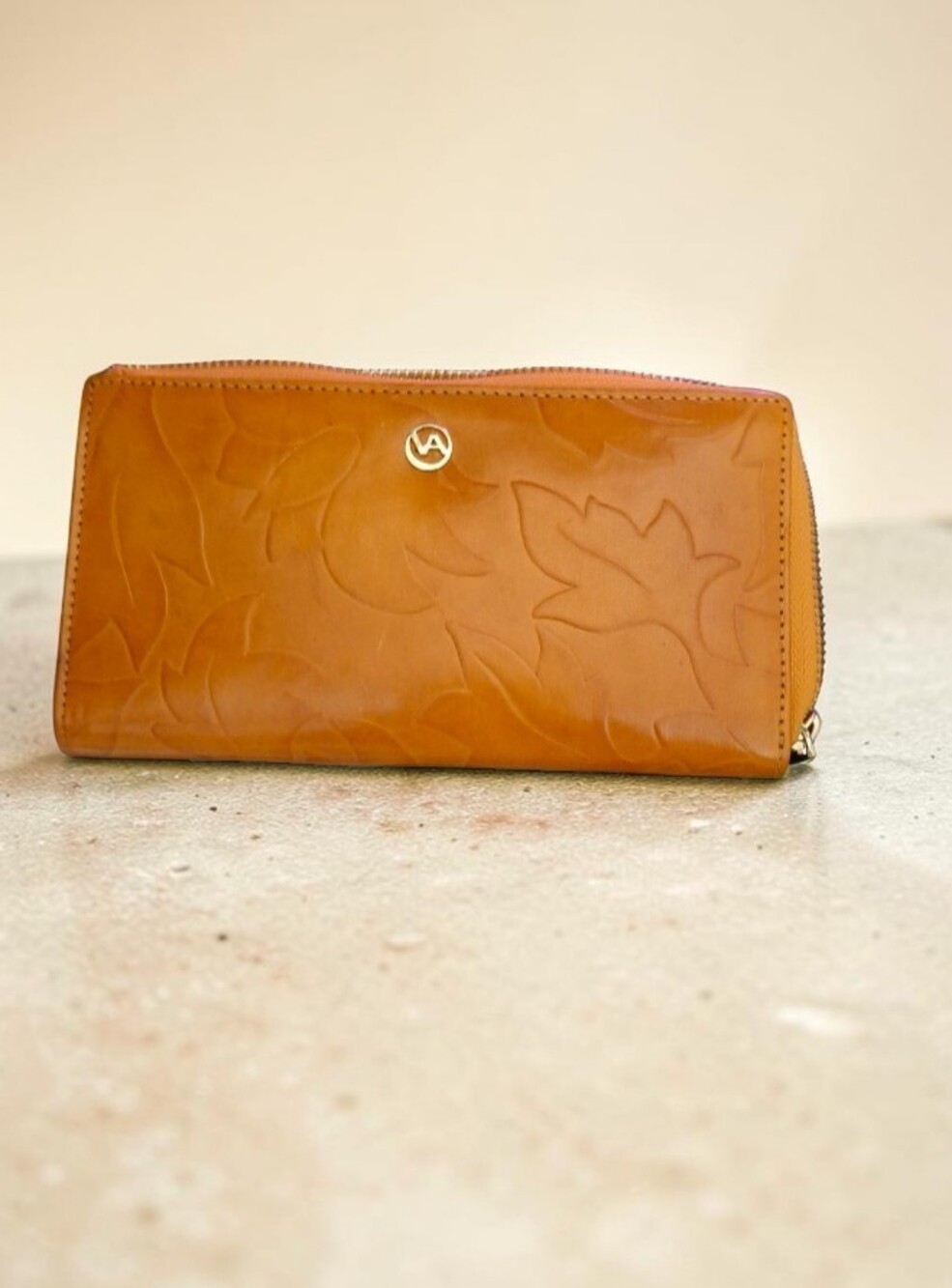 Valentina Tan Embossed Leather Corner Zip wallet